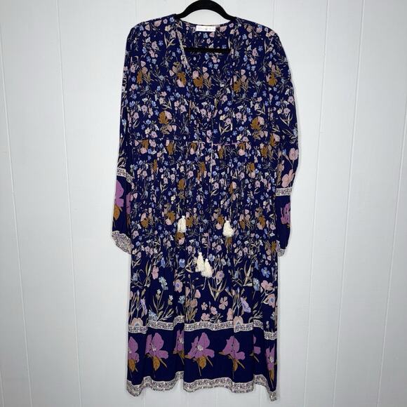 R. Vivimos Women’s Floral Midi Dress Long Sleeve Boho Cottage Blue Size Large - Picture 1 of 5